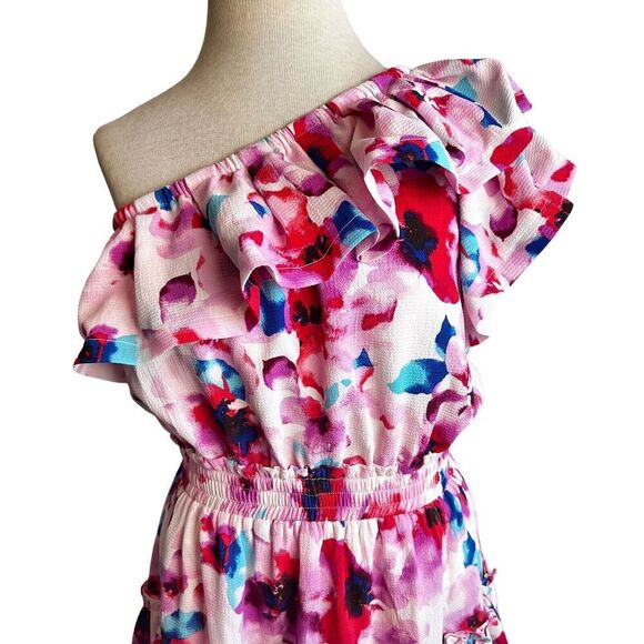 Buddy Love Sophia One Shoulder Dress Pink Floral Size Medium Mini Ruffle Tiered - Picture 4 of 9